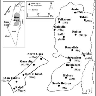 Map of the West Bank and Gaza Strip with geographical distribution of ...