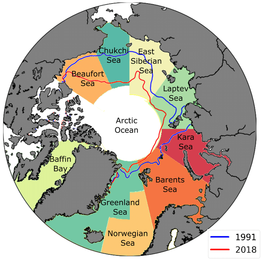 Regions of the Arctic Ocean used in this study with lines showing sea ice extent in September of 1991 (blue) and 2018 (red). Sea ice concentration dataset from ERA5 reanalysis.