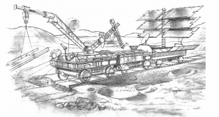 Artist's conception of a lunar railroad under construction. The rail sections could be formed from sintered regolith under flowing hydrogen to create "smart rails". The hydrogen reduction extracts the oxygen and leaves native iron blebs behind. The native iron makes the material magnetic, so that it can be easily handled by an electromagnetic robotic end effector. (Artwork by Paul DiMare; Figure from Schrunk et al., 2007).