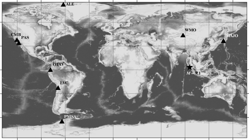 The map with the layout of the wideband IRIS stations (the triangles ...