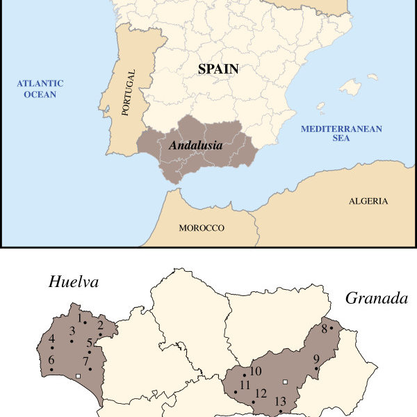 Geographic location of the Andalusia region in the Iberian Peninsula ...