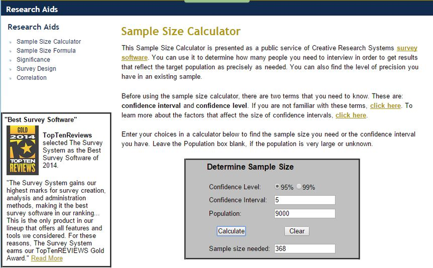creative research solutions sample size calculator