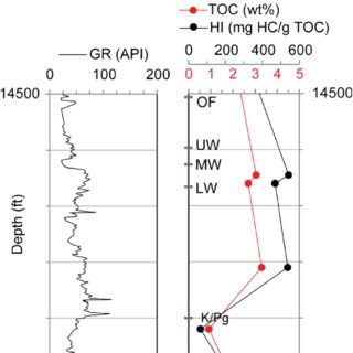 Fig. 8. GR and sample-based TOC and HI measurements for Paleocene LW and MW sidewall core samples from the MC 84-1 King well (#34).