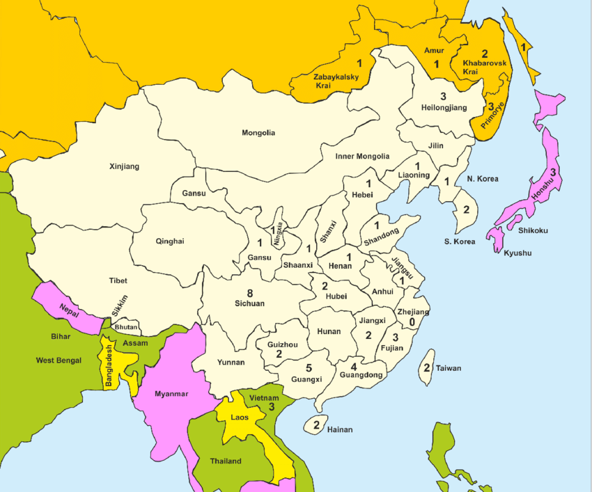 Map Of China And East Asia Showing Number Of Species Of Stylurus