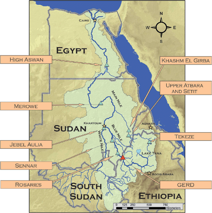 东部尼罗河地区的地图，有水库地点。