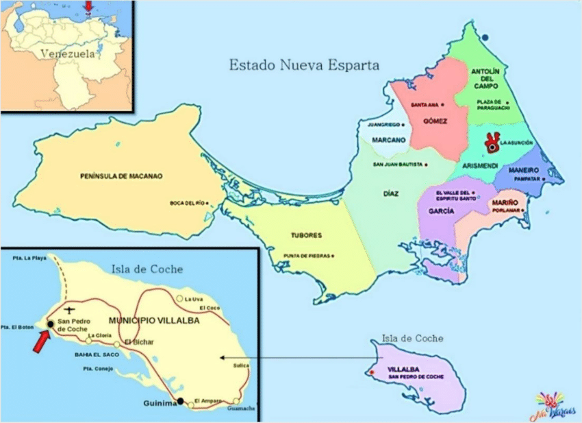 Mapa de las islas de Margarita y Coche, se indica con la flecha roja ...