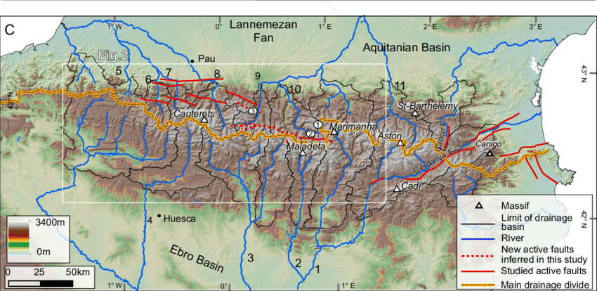 A) Location of the Pyrenees. B) Geological map of the Pyrenees and