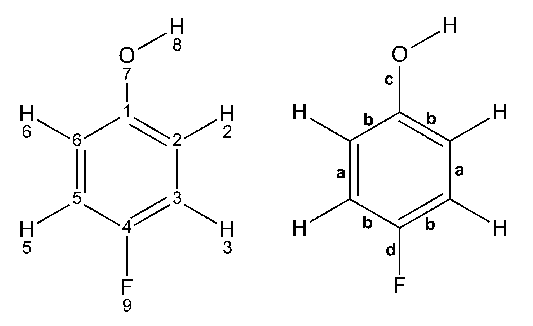 Atomic numbering of 4-fluorophenol and model used for the fit of the ...
