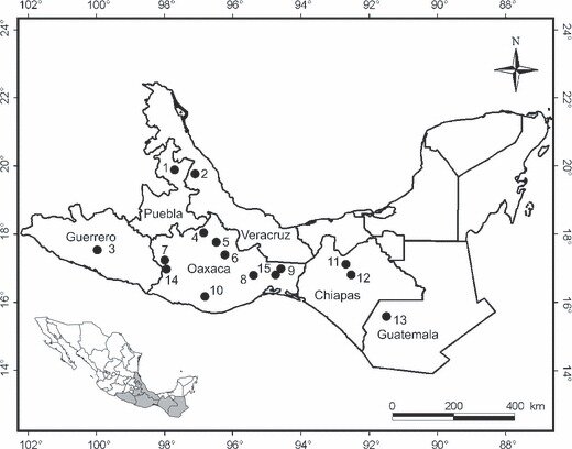 Map of Mexico and Guatemala showing the location of the Pinus chiapensis populations investigated in this study. Population numbers as in Table 1.