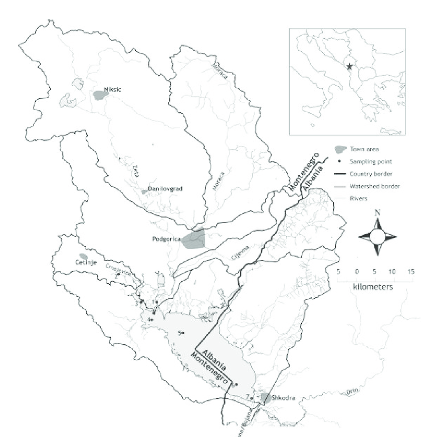 Map of Lake Skadar and its catchment area showing the locations of the ...