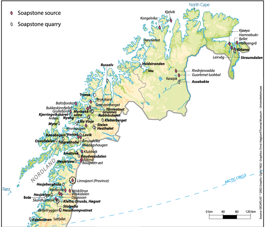 Map of northern Norway with the distribution of soapstone sources and