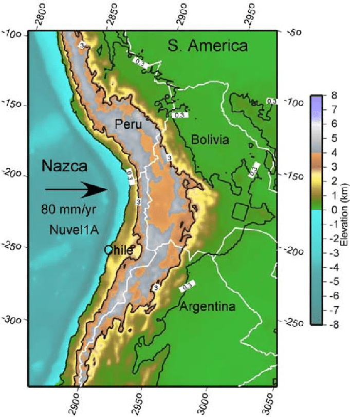 Topographic Map Of The Andes Showing The 03 And 3 Km Contours White Lines Are National 