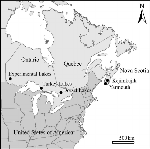 Location of the five study sites across eastern Canada. Note that ...
