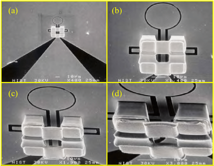 SEM images of a slot-ring device and an air-bridge structure.