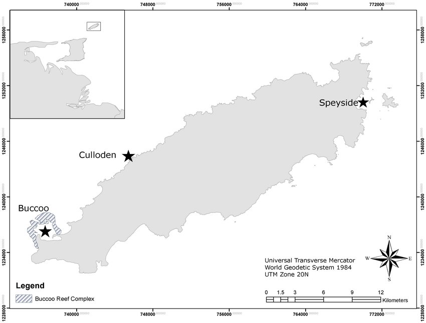 Map of Tobago showing the locations of sampling sites (black stars ...
