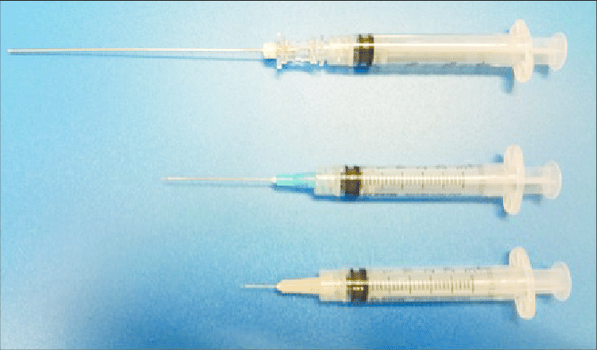 Comparing a 30-G, 5 /8 inch needle with a 3 mL syringe (bottom) with a