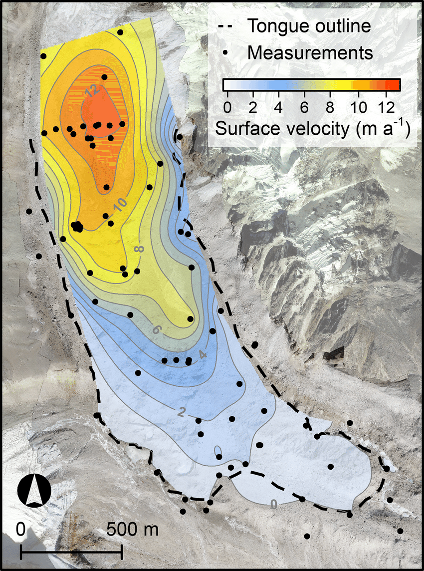 Map of measured glacier surface velocities (m a −1 ) and location of