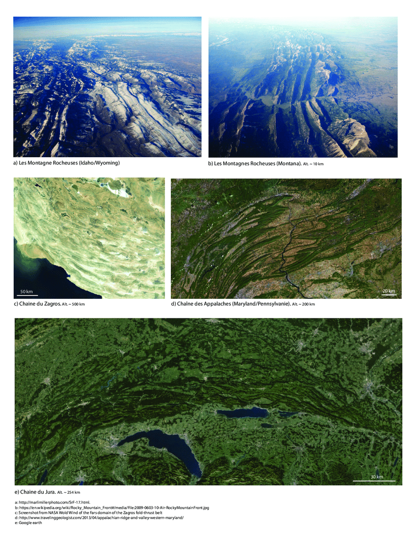 1-Photographies aériennes de différentes chaînes plissées d'avant-pays.