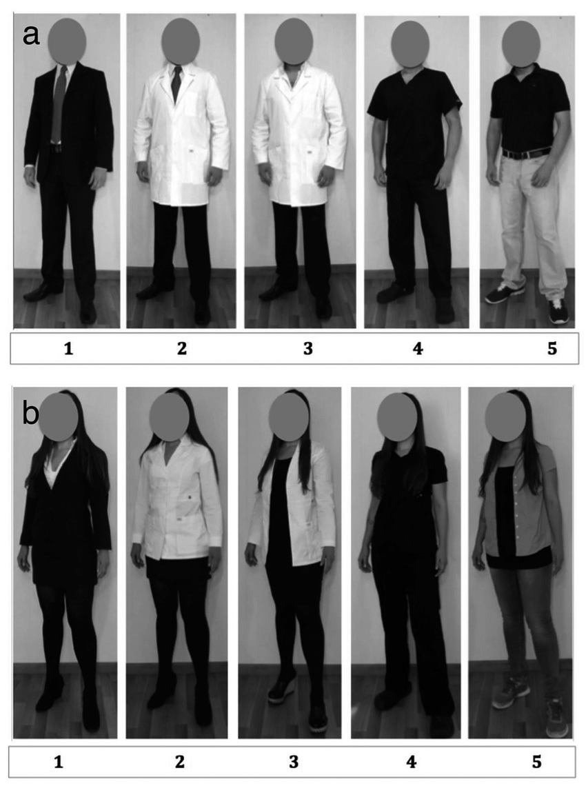 Modelo médico hombre (a) y mujer (b) con los 5 opciones de vestimenta.