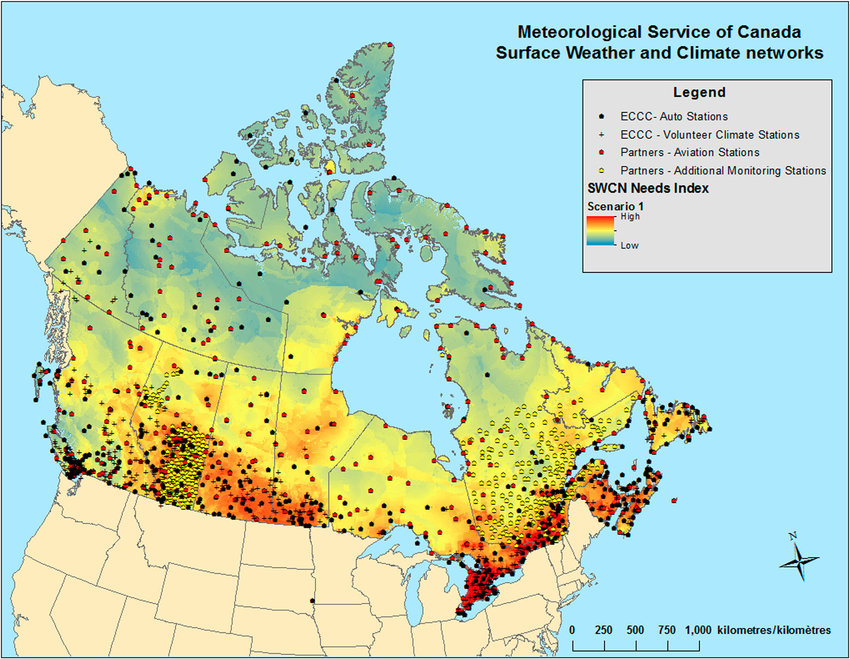 Locations of the 1735 surface weather stations across Canada with a