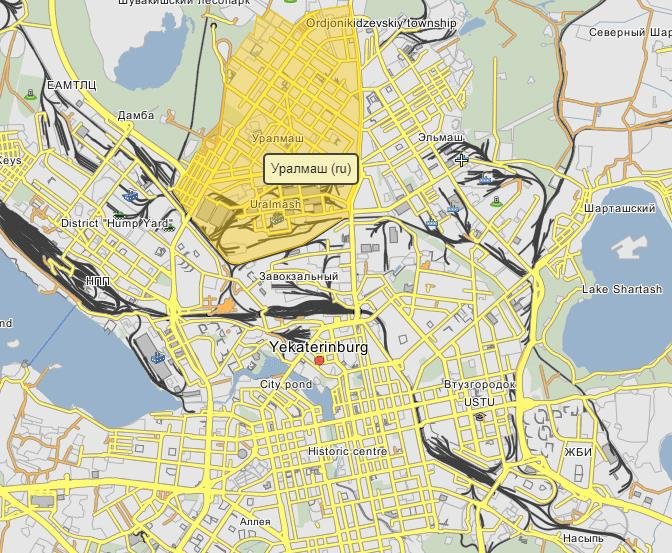 The Uralmash neighborhood is highlighted in yellow on the map of... |  Download Scientific Diagram