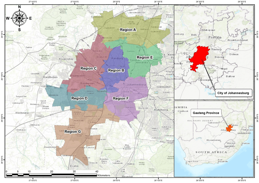 Mapa de Joanesburgo (Joburg Jozi) transporte: zonas de transporte