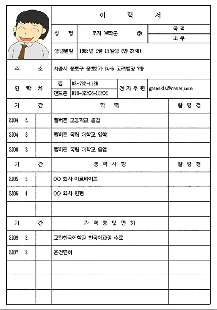 Example resume template for Korean resumes.  Download 