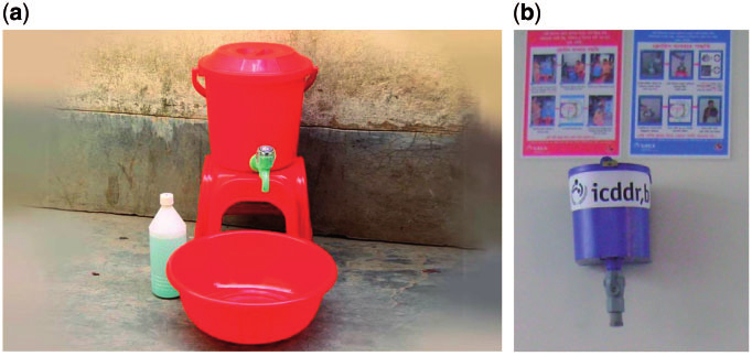 Hand-washing station [includes bucket with tap, bowl, and soapy water