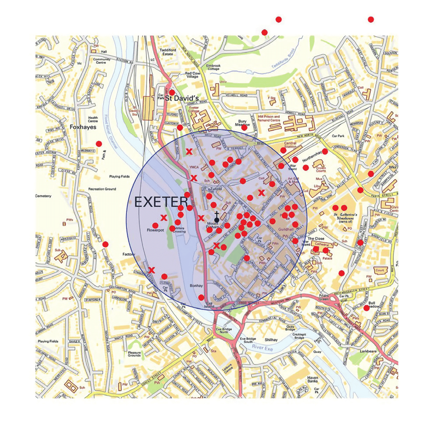 exeter city centre map Map Of Exeter City Centre Showing The Locations Of The 70 Downed exeter city centre map
