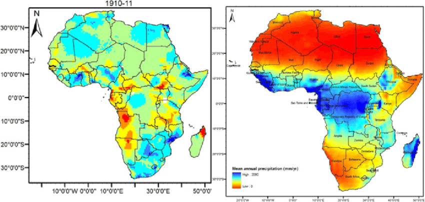 Maps of the African continent comparing drought/rainfall ...