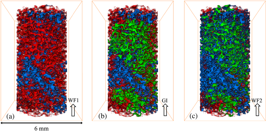 Three‐dimensional rendering of oil (red), water (blue), and gas (green ...