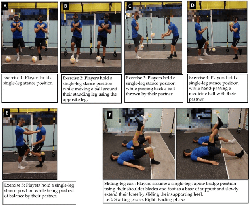 Illustration of balance (A-E) and sliding-leg curl (F) exercises