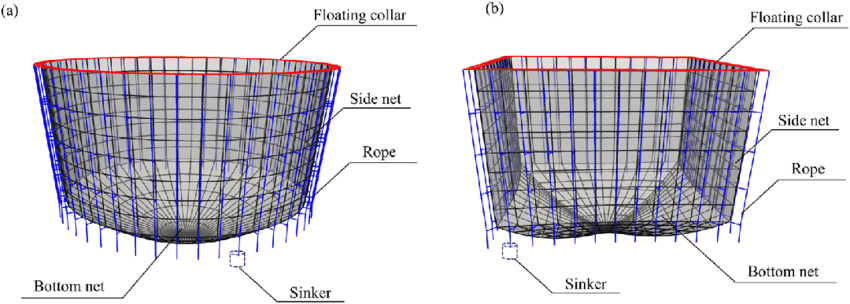 Numerical models of the two fish cages. Note: Although only one sinker