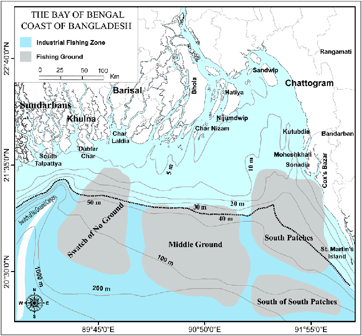 Map showing the fishing zones in the marine water of Bangladesh