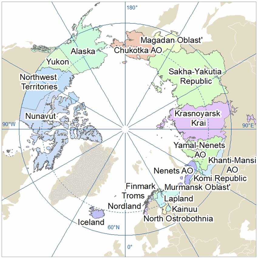 Map showing the location of the Arctic countries and states with