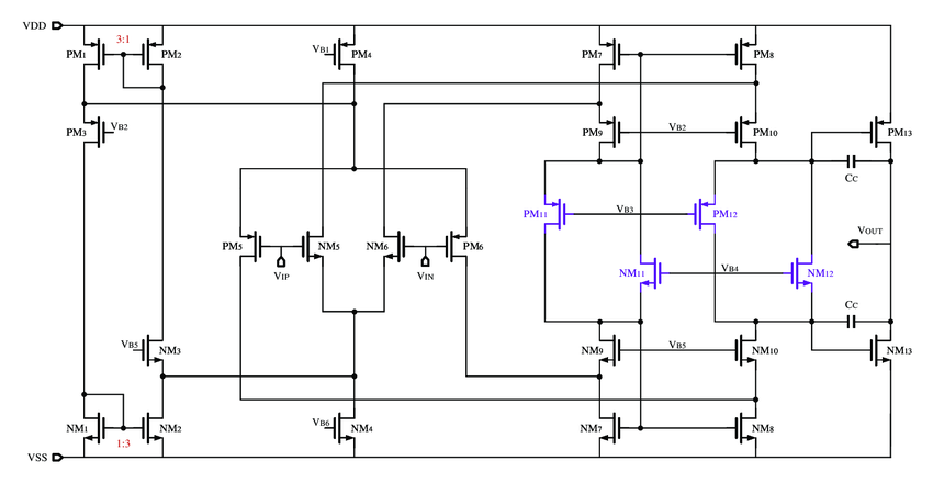 Schematic of a rail-to-rail operational amplifier. | Download ...