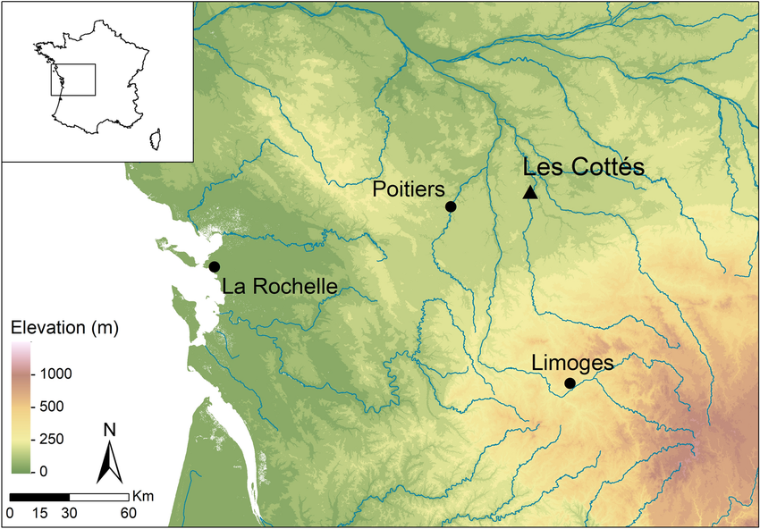 Topographical of the region around Les Cottés. Map created in ArcGIS 10 ...